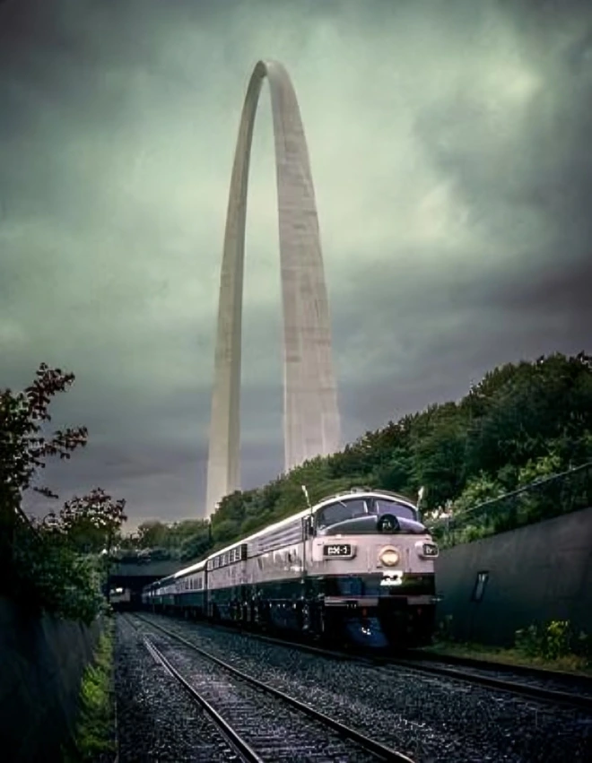 Train under cloudy sky near large arch.